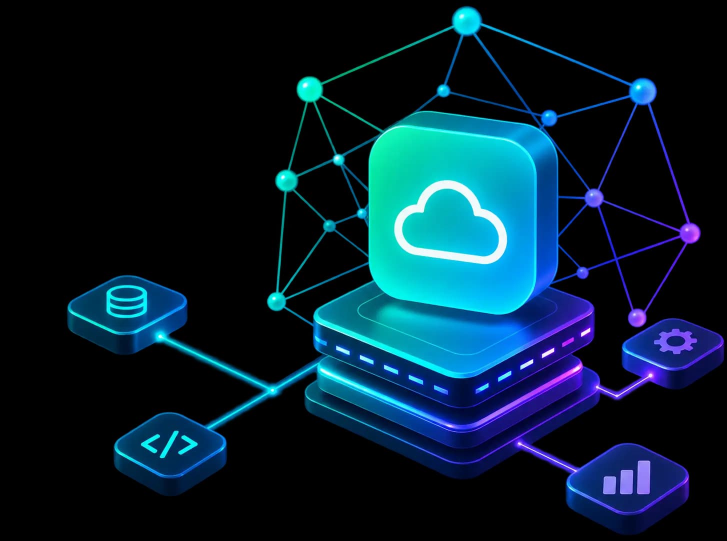 Ilustración del stack tecnológico: desarrollo, base de datos, inteligencia artificial, automatización e infraestructura